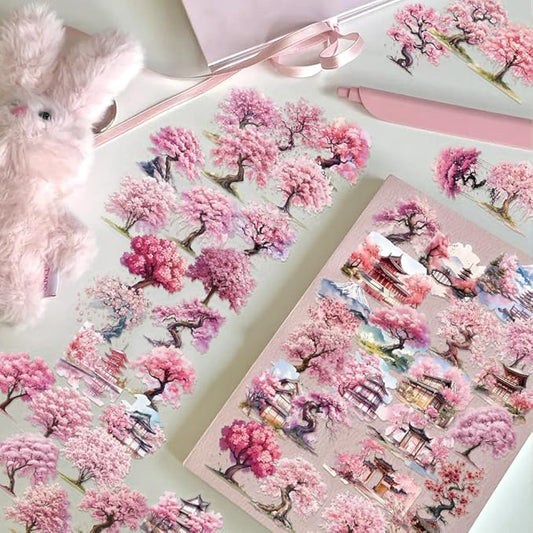 50 Pcs Carambola Tree Stickers, Pink Watercolor Cartoon Stickers, Transparent Waterproof Vinyl Stickers for Scrapbooking, Journaling, Laptop, Water Bottle, Phone Case Decoration for Her, Teen Girls