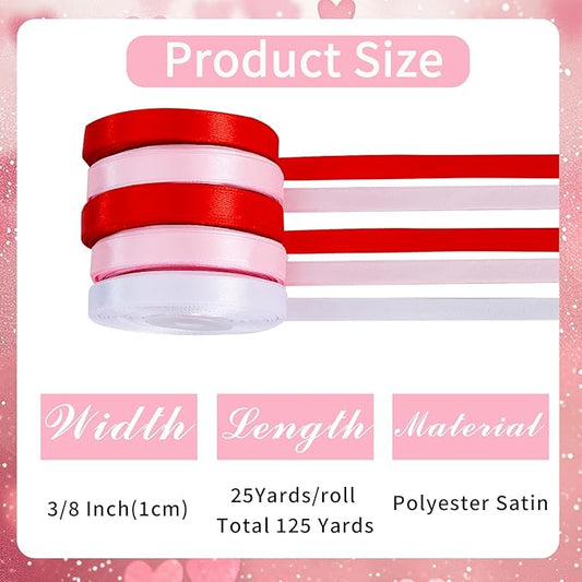 TONIFUL 5 Rolls Valentine Satin Ribbon Set - 3/8" x 25 Yards for Gift Wrapping, Crafts, Bouquet, Crafts, Bows Making, Wedding, Anniversary, Christmas Party Decoration (Red, Pink & White)