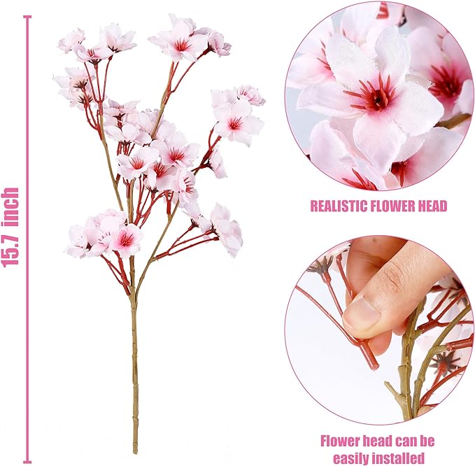 Sggvecsy Artificial Cherry Blossom Flowers 8 Pcs Faux Cherry Blossom Stems Faux Silk Cherry Blossom Branches 15.7’’ Fake Peach Flowers for Vase Arrangements Home Wedding Table Decor (Pink)