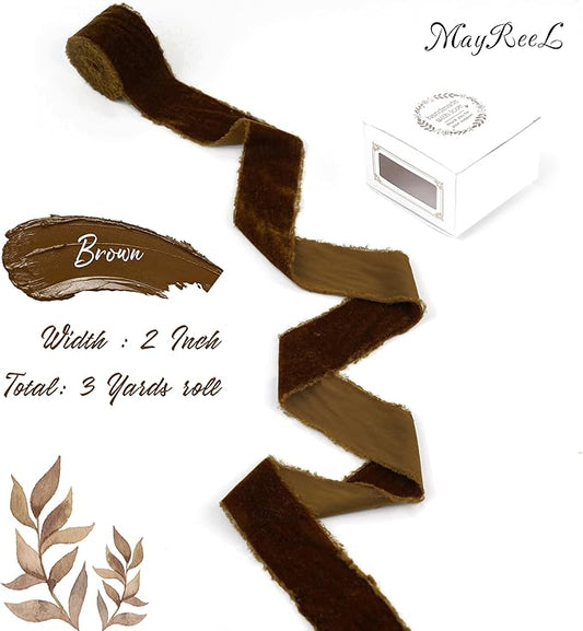 MAYREEL 2 Inch Brown Velvet Ribbon Hand Torn Mahogany Silk Frayed Edge for Bridal Bouquets Invitations Wedding Vow Books Gift Baskets Hair Bows 3 Yards