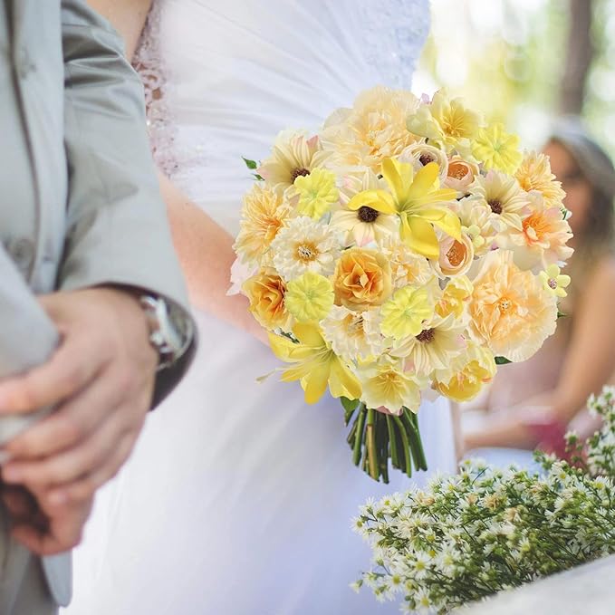Artificial Flower Heads Combo - 48pcs Yellow Silk Flowers Bulk Faux Rose for Wedding Decor, Bridal Bouquets, Graduation Parties, Cake Toppers & Home DIY Crafts