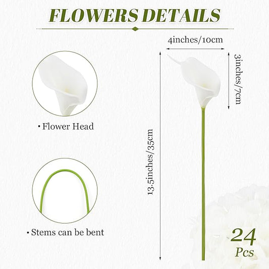 24 Pcs White Artificial Calla Lily Flower White Fake Silk Flowers Real Touch for Wedding Bouquet Office Home Kitchen Decor