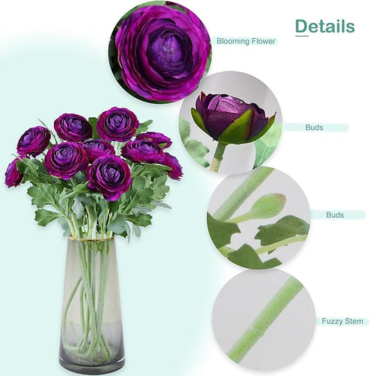 Artificial Ranunculus Flowers with Real Touch Stem, Silk Ranunculus Flowers (Purple, 10pcs)
