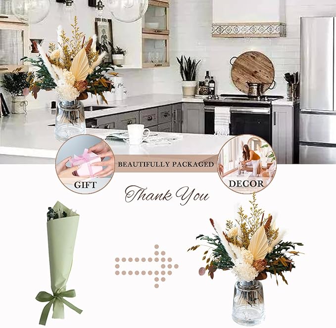 Natural Dried Flower Bouquet - Pampas Grass Decor, Fall Floral Arrangements with Eucalyptus, Plams, Hydrangea, Rustic Bouquet for Vase, Boho Table Centerpiece, Bohemia Home Wedding Decoration
