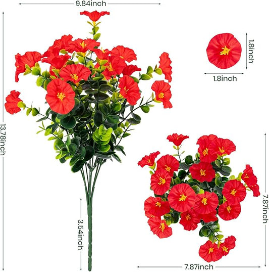 Artificial Faux Flowers for Outdoor 16 Bundles Boxwood Fake Morning Glory for Planter,UV Resistant Fake Flowers for Home Porch Patio Outside(Red)