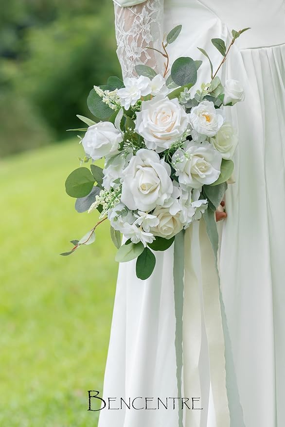 10 Inch White&Greenery Bridal Bouquet,Wedding Bouquet,Bride Bouquets for Wedding Ceremony Anniversary, Party and French Rustic Vintage Wedding,Artificial Flowers…