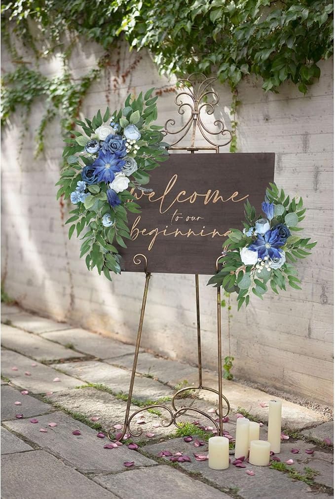 Faux Flower Swag Set of 2, Blue Artificial Flowers Swags for Wedding Arch, Wedding Welcome Signs, Welcome Reception Ceremony Signs Decorations