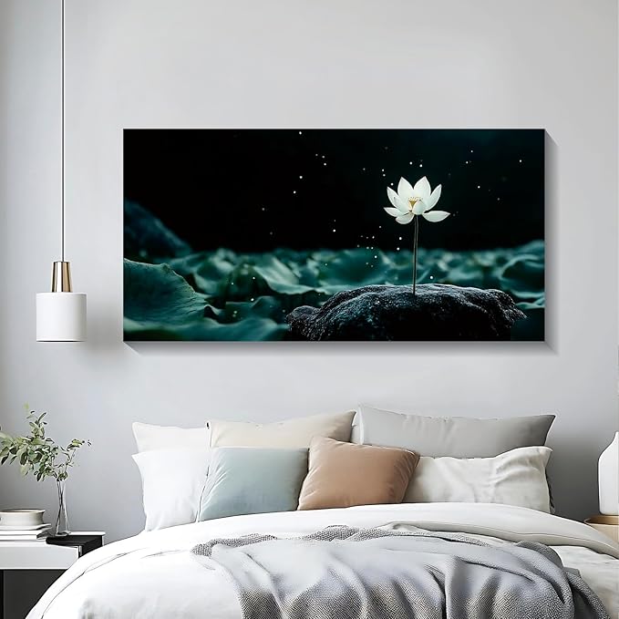 Iallbin Buddha Wall Art & Zen Wall Decor, White Lotus on Water Canvas Painting - for Yoga Meditation Room, Spa & Bathroom, Blue Art Deco Style, 48x24 Inches