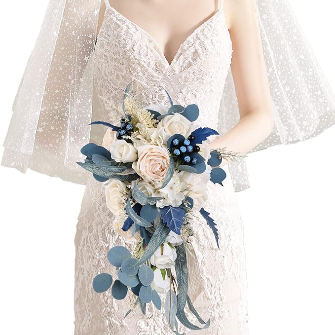 Wedding Bouquets for Bride, 11 Inch Bride Bouquets for Wedding Dusty Blue Artificial Flowers Bridal Bouquet for Wedding Ceremony Anniversary(Dusty Blue)