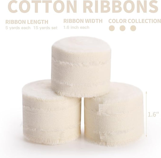 Ivory Ribbon 1-1/2 x 15 Yards Handmade Cotton Frayed Fringe Fabric Ribbons for Crafts Flower Bouquets Wedding Baby Shower Home DIY Decor
