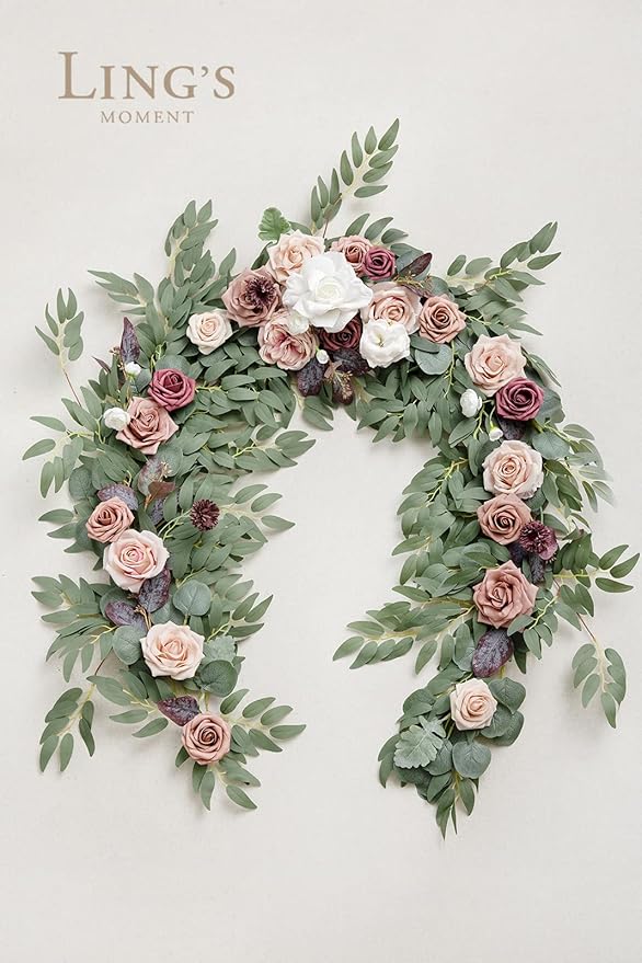 Ling's moment Pink Flower Garland - 6FT Eucalyptus & Rose - Sweetheart Table Decor for Wedding Reception, Artificial Floral Garland for Mantle, Christmas Decoration, Dusty Rose & Mauve