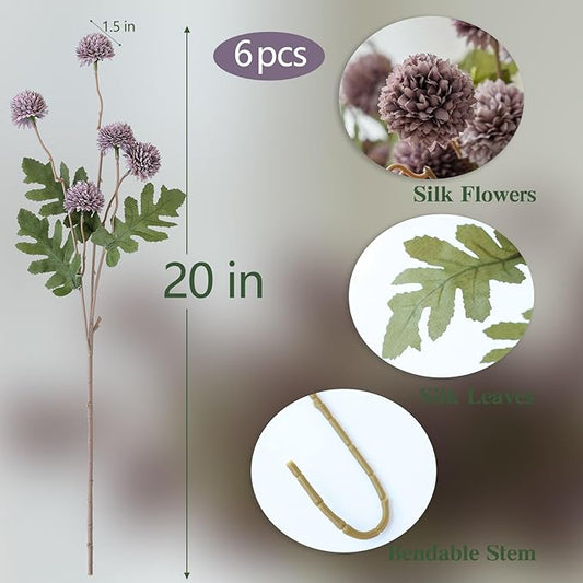 mizii 6Pcs Fake Silk Pompon Mum Artificial Flowers Bulk Small Faux Chrysanthemums with Stems Realistic Floral Decorations for Wedding DIY Bouquet Centerpieces Shower Vase Home Decor (Gray Purple)