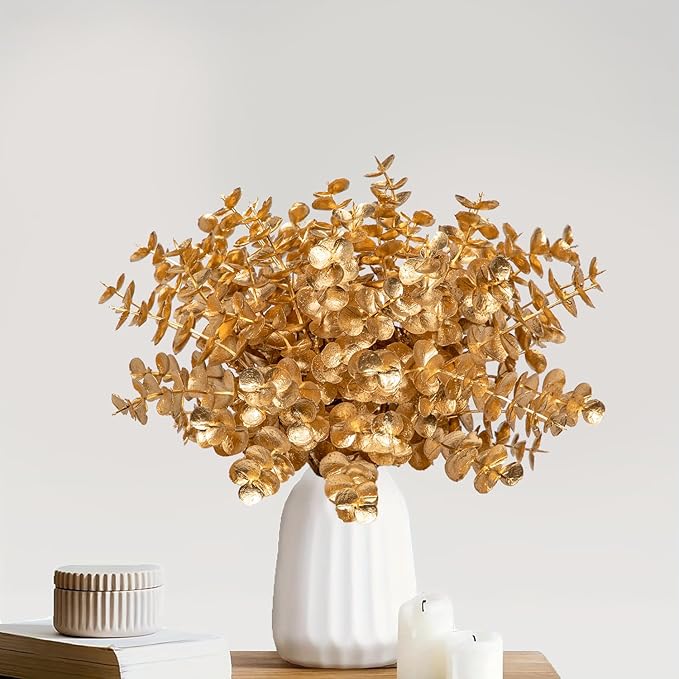 Artificial Gold Eucalyptus Stems 4 Pcs Christmas Fake Fall Flower Arrangement Faux Floral Decor for Home Table Centerpieces Wedding Party Autumn Bouquet Home Farmhouse Vase