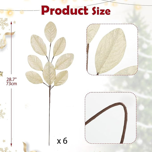 Briful Champagne Magnolia Leaves Branches, 6 Pack 28.7in Faux Magnolia Leaves Stems Artificial Christmas Greenery Branches for Xmas Home Vase Floral Arrangement