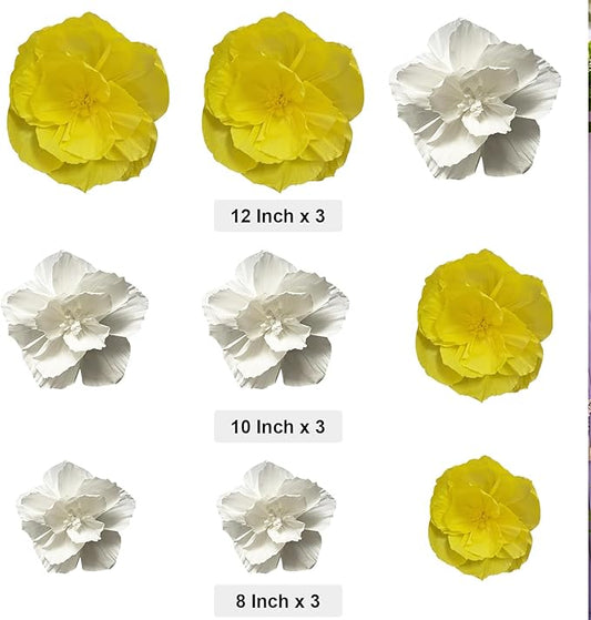 BRT Bearingshui Crepe Paper Flowers Decoration for Wall Total 9 Pcs, Artificial Flowers Backdrop for Wedding Decor Baby Bridal Shower Birthday Party, Yellow White 3D Wall Flowers Decor