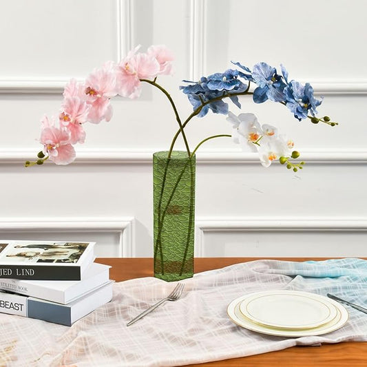 Flower Vase for Centerpieces, Green Crocodile Leather Texture Plastic Cylinder Vase, Clear Bud Vases for Home Wedding Office Table Decor