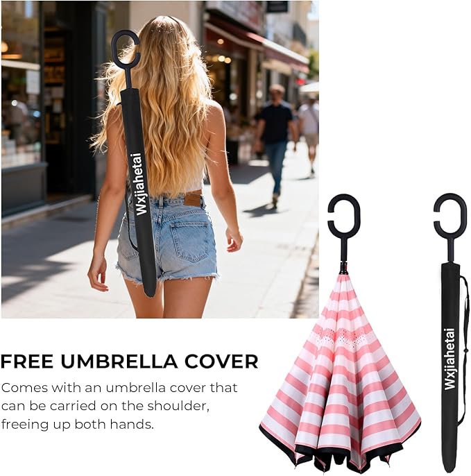 Inverted Umbrella, 49 Inch Double-Layer Vented Reverse Umbrella, Windproof Waterproof UV Protection, Lightweight C-Handle, Fiberglass Ribs, Steel Shaft, Travel/Commute/Car Use, With Sleeve