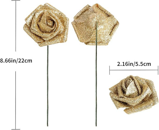 30 PCS Gold Artificial Flowers Glitter Roses Artificial Roses 2.17 in Foam Fake Flowers with Stem for Wedding Home Party DIY Bridal Bouquet Centerpieces Decor(Gold)