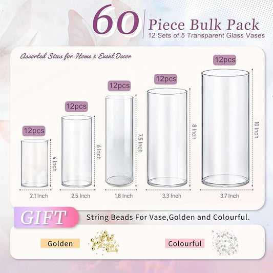 60pcs Glass Vase Cylinder Vases for Centerpieces Small Flower Glass Vases Home Decor Centerpiece Table Clear Flower Vase Decorations for Wedding&Holiday 4,6,7.5,8,10 Inch Tall