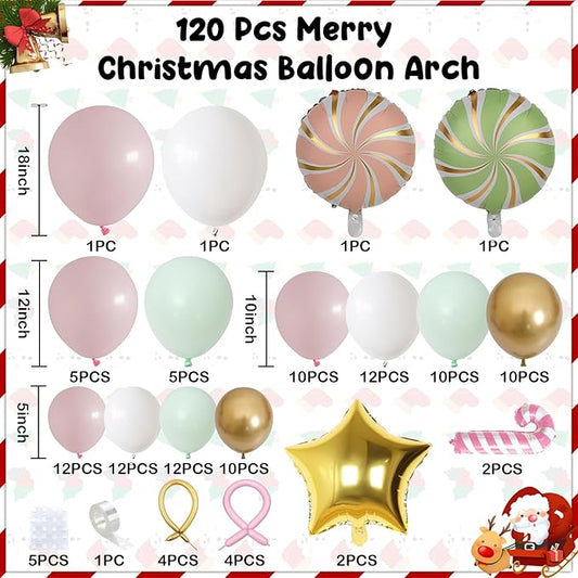Christmas Decorations Balloons Arch Kit, Pastel Pink Green White Gold Balloons with Star Peppermint Candy Cane Foil Balloon for Christmas Xmas Gingerbread Nutcracker Baby Shower Birthday Party Decor