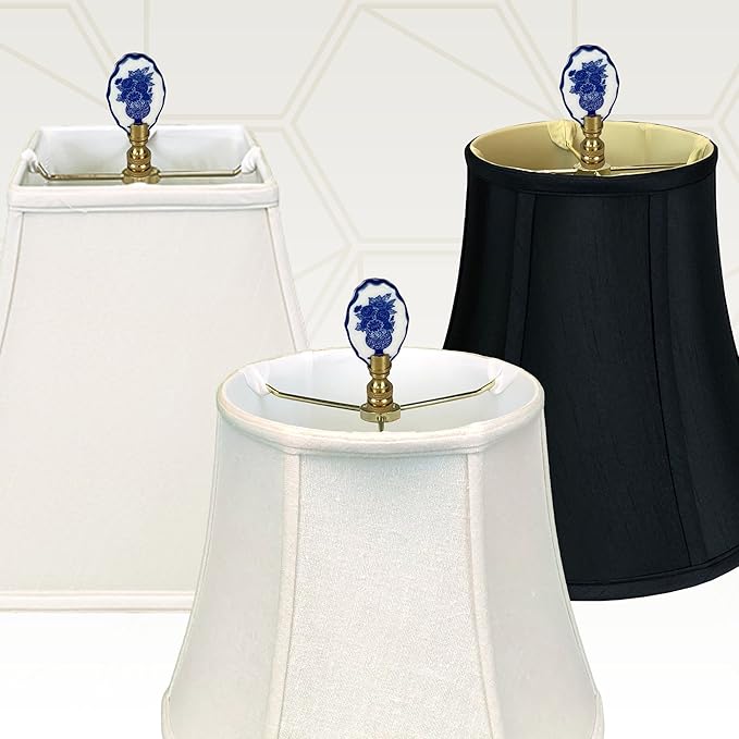 Royal Designs, Inc. Porcelain Oval Flowers Vase Design Finial for Lamp Shade, Polished Brass, Blue & White, Pack of 2