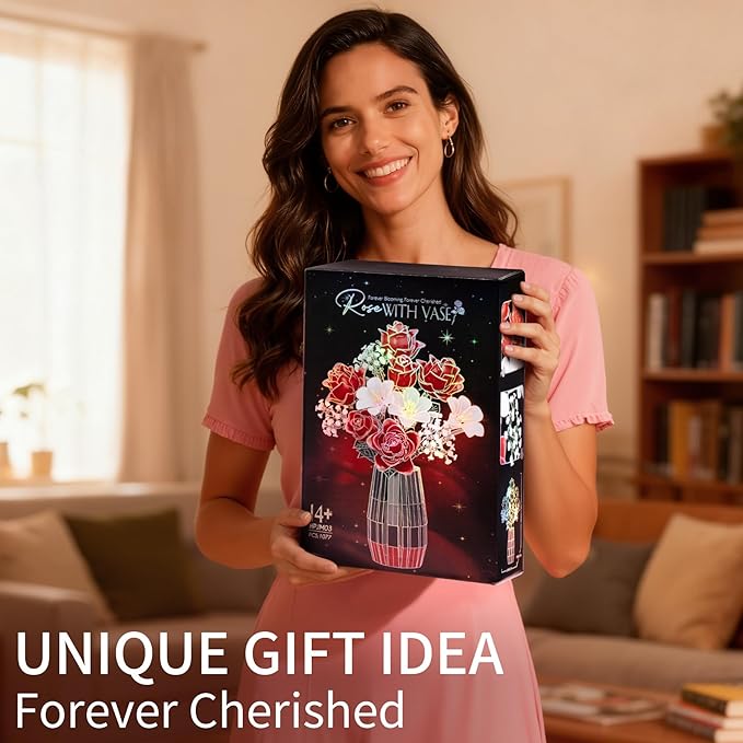 Roses Flower Bouquet Building Blocks Set with Vase, Women Men Teen Girls Gifts for Christmas, 1077PCS Botanical Collection Artificial Flowers Birthday Gifts for Her Him Wife Husband Mom Grandma Adults