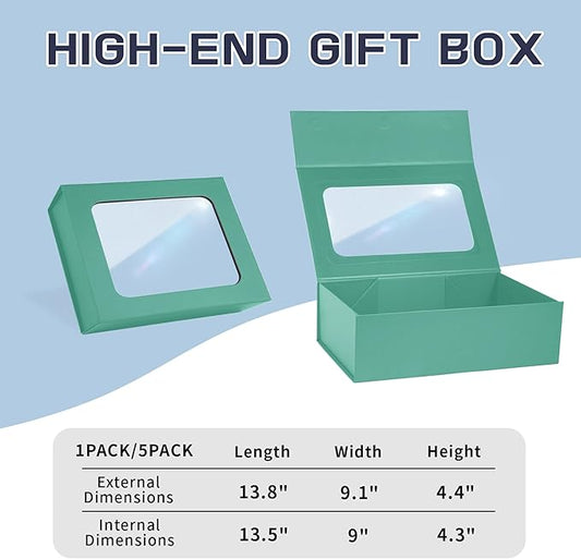 Light Green Large Gift Box with Window, 13.5"x9"x4.3" Bridesmaid Boxe for Gifts Giving,Birthday Gift Boxes with Magnetic,Closure Lid Gifts Box for Presents,Cute Boxe,Luxury for Gift Packaging