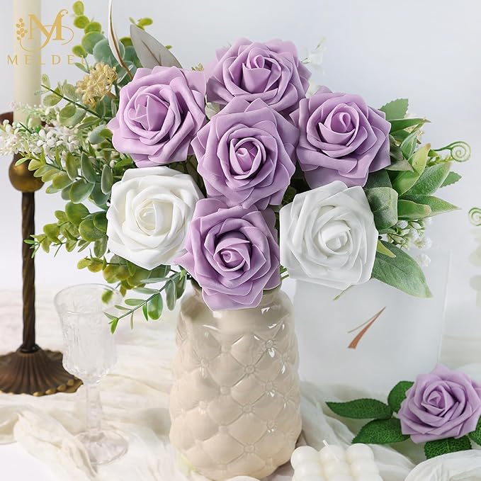 Meldel Artificial Flowers 25pcs Real Looking Dusty Violet Pale Lavender Foam Fake Roses with Stems for DIY Wedding Bouquets Bridal Shower Centerpieces Floral Arrangements Home Decorations Bulk Rose
