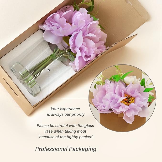 WELL KNOWN Silk Peony Artificial Flowers with Vase,Silk Fake Flower Bouquets in Vase with Fake Water Flower Arrangements for Table Centerpieces Home Office Hotel Wedding Party Decor & Gift (Purple)