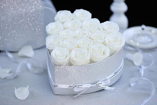 Forever Flowers for Delivery, 16 White Preserved Rose in Heart Shaped Box, Eteranl Rose on Anniversary Birthday Gifts for Women, Mother, Wife, Girlfriend,Christmas Day Gifts for Mom