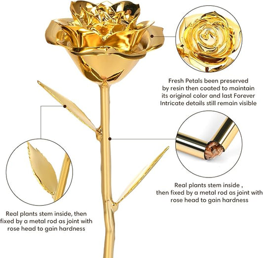 Gold Dipped Rose Real 24K Gold Rose, Genuine One of a Kind Rose Hand Dipped in 24K Golden Roses Romantic Gifts for Women in Her Birthday Anniversary Day Mothers Day
