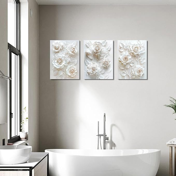 Sepwrol White Flower Canvas Wall Art, Modern Abstract Rose Blooming Floral Textured Printing Artwork for Home Bedroom Living Room Wall Decor, 12"x16" 3 Panel