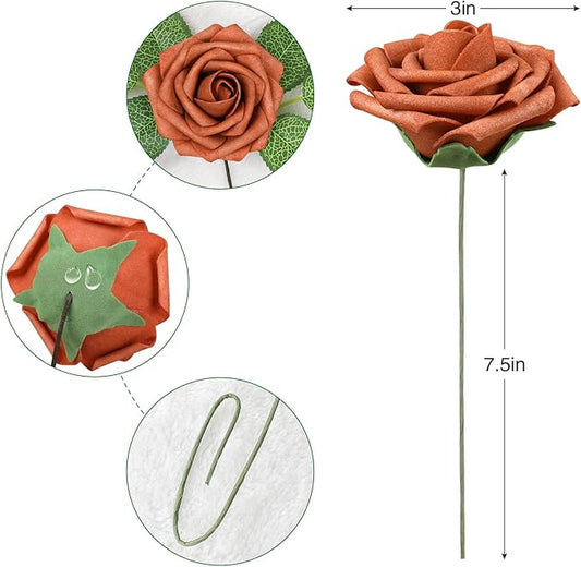 AmyHomie Artificial Flowers Burnt Orange Rose 25pcs Real Looking Fake Roses w/Stem for DIY Wedding Bouquets Centerpieces Arrangements Party Baby Shower Valentines Day Christmas Tree Decorations