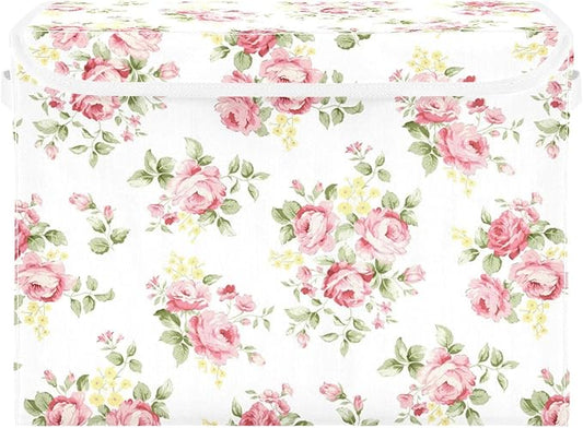 Flower Baskets Collapsible Storage Bins with Lids, Pink Rose Flower Floral Storage Boxes Clothes Baskets for Organizing