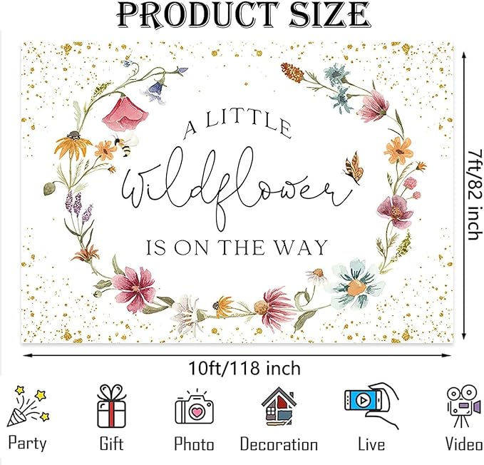 Wildflower Baby Shower Backdrop for Girl Watercolor Wild Floral Butterfly Photography Background Garden Wildflower Baby Shower Cake Table Banner Photoshoot Props (10x7ft)