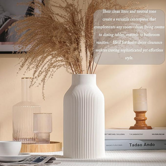 10 Inch White Ceramic Vase for Decor,Minimalist Modern Home Decorative Large Flower Vase for Pampas Grass,Bookshelf, Living Room, Shelf, Bedroom, Bathroom, Entryway Mantel Decor