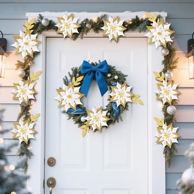 15PCS Poinsettia Flowers Artificial Christmas Decorations White Gold Poinsettia Large Flowers for Wall Christmas Tree Ornaments Glitter Poinsettias Flower Wreath Garland Window Door Xmas Tree Decor