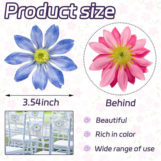 Daisy Silk Flower Heads, 12 Pcs Artificial Daisy Flower Heads, 3.5 Inch Blue Floral Heads Fake Daisies for Decoration, DIY Craft, Vase, Flower Arrangement, Hats, Costume, Hair