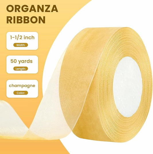 1-1/2 Inch Champagne Gold Sheer Organza Ribbon for Bow Making, Gift Wrapping, Christmas Decoration, 50 Yards/Roll