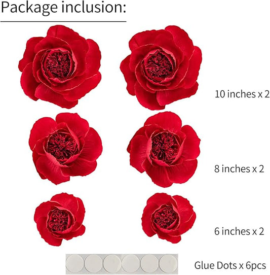 6 pcs 3D Paper Flower Decoration for Party, Wedding Decoration, Background Wall, Nursery Room Decoration, Bridal Shower, Baby Shower (Red,Set/6)