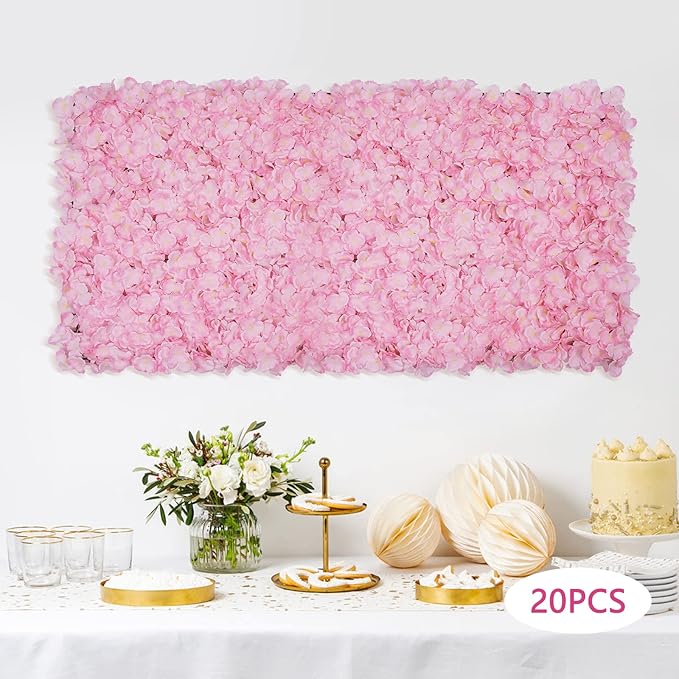 20PCS Artificial Floral Wall Backdrop, 3D Pink Flower Wall Panel, Realistic Silk Flower Backplanes, Roll Up Fake Flower Background for Valentines Wedding Party Photo Arrangement Outdoor Decor