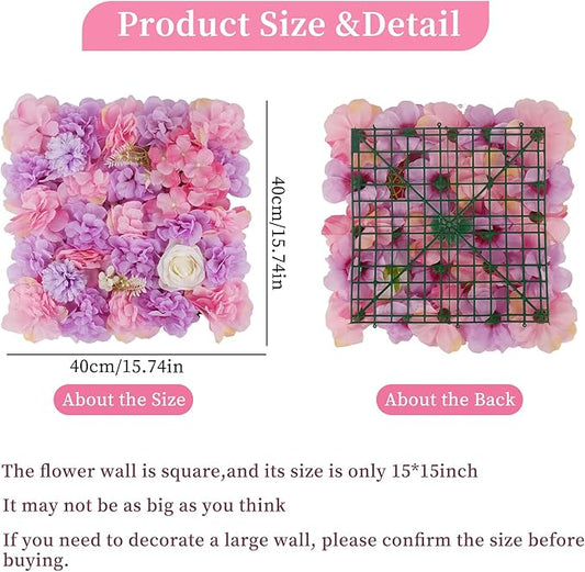 3D Flower Wall Backdrop - 12-Panel Set with Pink & Purple Roses for Home, Wedding, Party (15x15 inch)