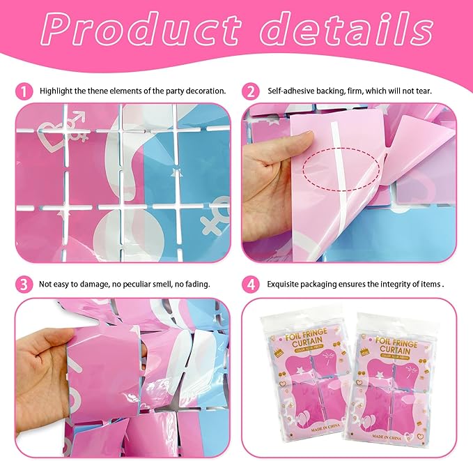 Gender Reveal Foil Fringe Curtains Backdrop Gender Reveal Decorations Party Supplies 2 Pack 3.28 x 6.56 Ft Boy or Girl Gender Reveal Streamer for Welcome Home Girl Boy Birthday Baby Shower Decoration