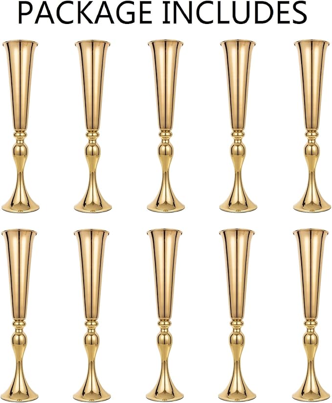 LoveCat 10pcs of Versatile Metal Tabletop Flower Stands, Gold Wedding Table Centerpiece Stands, 21.9" Tall Trumpet Vases for Wedding Birthday Holiday Party Important Event Home Décor