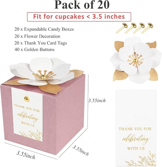 FEIYI 20 PCS Dusty Rose Gift Boxes, 3 In 1 Favor Boxes with Floral Decor, White Thank You Tags Cupcake Containers Gift wrapping for Wedding, Baby Shower, Birthday, Decorations Party - 3.55x3.55x3.55