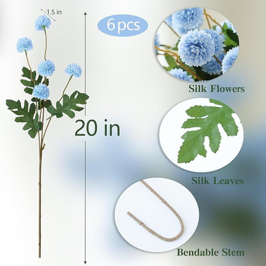 mizii 6Pcs Blue Fake Silk Pompon Mum Artificial Flowers Bulk Small Faux Chrysanthemums with Stems Realistic Floral Decorations for Wedding DIY Bouquet Centerpieces Shower Vase Home Decor (Light Blue)