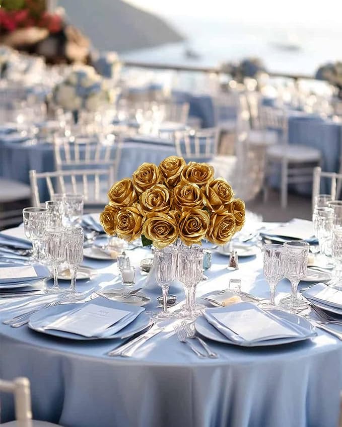LFF 10pcs Silk Roses Artificial Flowers Fake Long Stem Roses for DIY Wedding Bouquet Home Decoration (Gold)