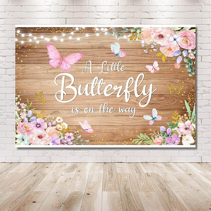 7x5ft Butterfly Baby Shower Backdrop A Little Butterfly is on The Way Photography Background Rustic Wooden Pink Floral Flowers Princess Girl Newborn Party Banner Decoration