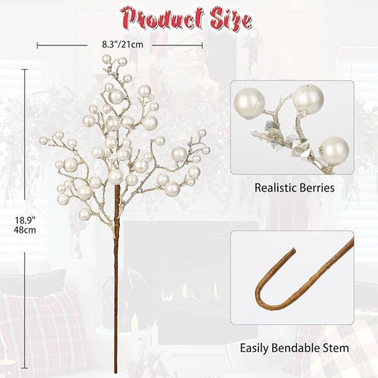 Hollyone 4 Pack Artificial Christmas Glitter Berries Stems, 19 Inch Fake White Holly Berry Picks with Ice Snow for Christmas Tree Wreath Floral Arrangements Holiday Home Vase DIY Crafts Decor