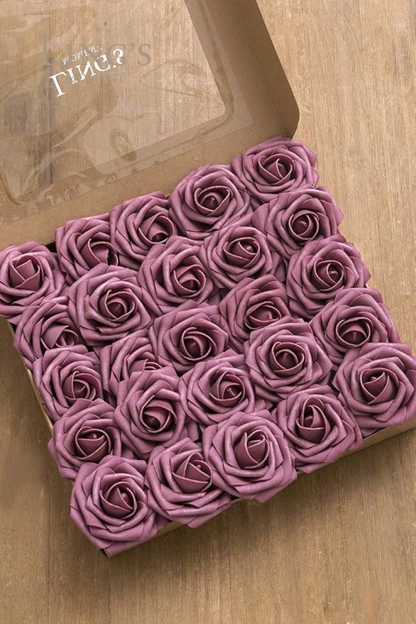 Ling's moment Artificial Flowers 50Pcs Mauve Roses Decor w/Stems,3" Real Touch DIY Foam Floral for Wedding Bouquet/Centerpieces, Outdoors Party Backdrop, Room/Table, and Garden/Pot Decorations